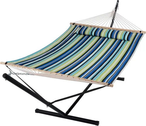Vista 24 de SUNCREAT Hammocks Hamaca doble extragrande con soporte de 12 pies, capacidad de 475 libras, hamaca portátil al aire libre con barra separadora