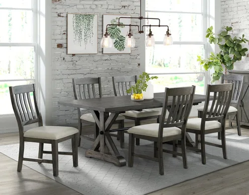 Vista 2 de Sunset Trading Juego de comedor gris de 7 piezas Mesa extensible rectangular de 96 pulgadas 6 sillas laterales tapizadas Madera envejecida