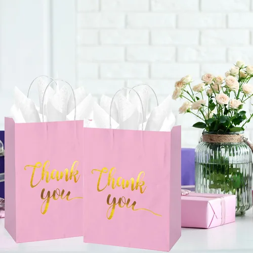 Vista 5 de 30 bolsas de regalo de agradecimiento con papel de seda dorado con asas para bodas, cumpleaños, negocios, compras, baby showers, recuerdos de Rosado