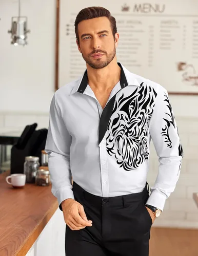 Vista 2 de COOFANDY Camisa de vestir con botones y estampado para hombre, camisas casuales de manga larga 02-blanco (Tiger)