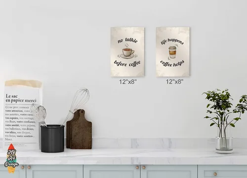 Vista 4 de HB Art Design No Talkie Before Coffee and Life Happens Coffee Helps 2 Panel Metal Print Set Wall Art Coffee Bar Decor Coffee Signs Kitchen Wall