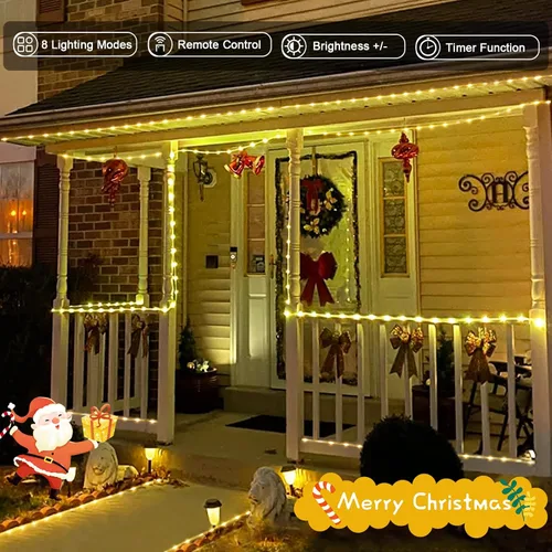Vista 5 de JMEXSUSS Paquete de 2 luces de Navidad a pilas de luces blancas cálidas, impermeables al aire libre, 200 LED de 66 pies, 8 modos, funciona