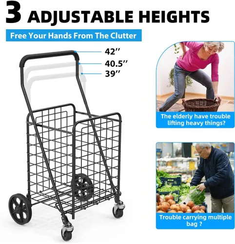 Vista 2 de Carrito de compras plegable con ruedas giratorias de 360°, carrito plegable de 66 libras de capacidad y mango de espuma extendido, para lavandería