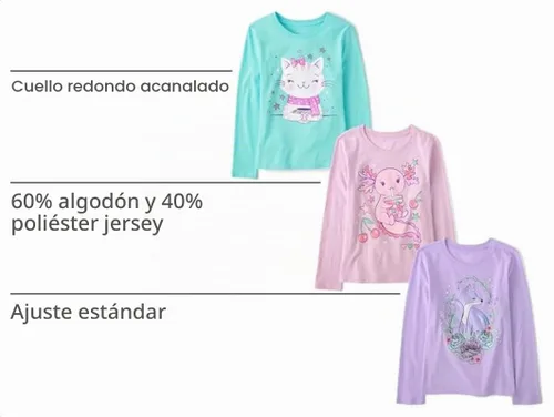 Vista 4 de The Children's Place Camisetas gráficas de manga larga surtidas para niñas Gato/Xolotl/Fox paquete de 3