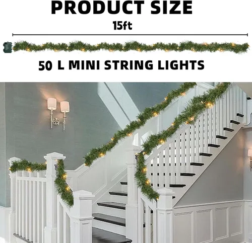 Vista 2 de FUNPENY Guirnalda decorativa de Navidad, guirnalda de Navidad artificial preiluminada de 15 pies con 50 luces LED, funciona con pilas, decoración