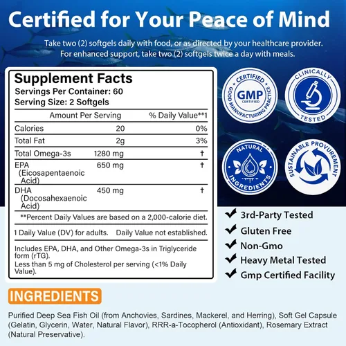 Vista 8 de Aceite de pescado Omega 3, suplemento Omega 3 de aceite de pescado para mujeres y hombres, 1280 mg por porción de alto EPA y DHA que apoya la salud