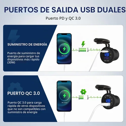 Vista 3 de DaierTek Paquete de 3 enchufes de cargador de coche USB C de 12 V, 48 W PD y QC 3.0 de carga rápida con voltímetro e interruptor