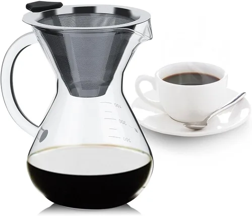 Vista 4 de Hakeeta Cafetera de 13.5 fl oz, cafetera de vidrio para verter con filtro permanente de acero inoxidable. Cafetera manual de gotero de café