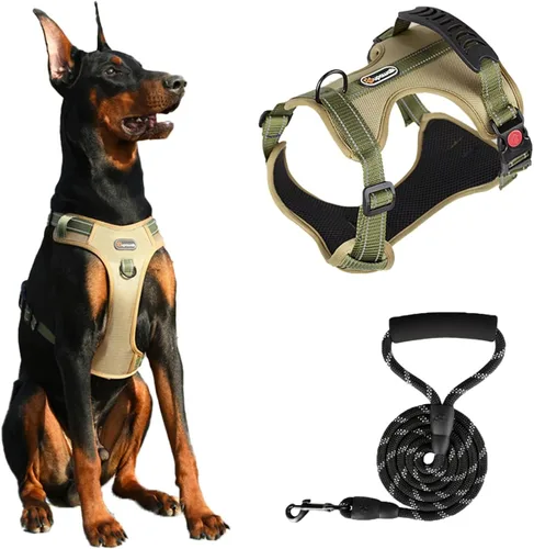 Vista 20 de Arnés táctico para perro, ajustable, sin tirones, con correas reflectantes y asa, arnés para cachorros con clips metálicos dobles para correa