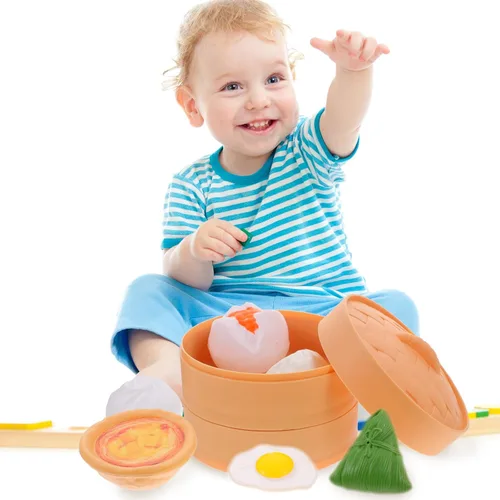 Vista 8 de NUOBESTY Juego de comida china para el desayuno, 58 piezas, juguetes de cocina con Dim Sum para cocinar alimentos para niños, juego de rol