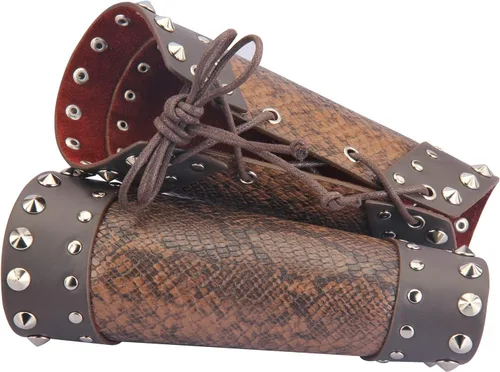Vista 2 de Jeilwiy Pulsera de guante de cuero, brazaletes medievales, muñequera vikinga, caballero LARP, brazos vikingos, disfraz renacentista