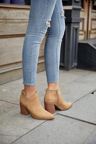 Vista 8 de Botas de tobillo para mujer con corte en V, puntera puntiaguda, tacón grueso, cremallera lateral, botas Chelsea