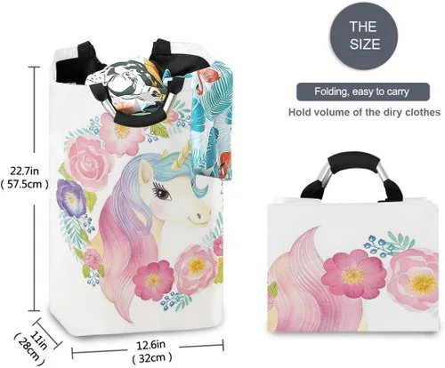Vista 5 de senya Cesta grande de almacenamiento plegable, organizador para ropa sucia para guardería, juguetes, cabeza de unicornio en flores