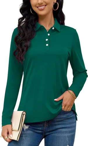 Vista 3 de TACVASEN Polo de golf para mujer, camiseta de manga larga, UPF 50+, secado rápido, 4 botones, rendimiento de tenis, ejercicio