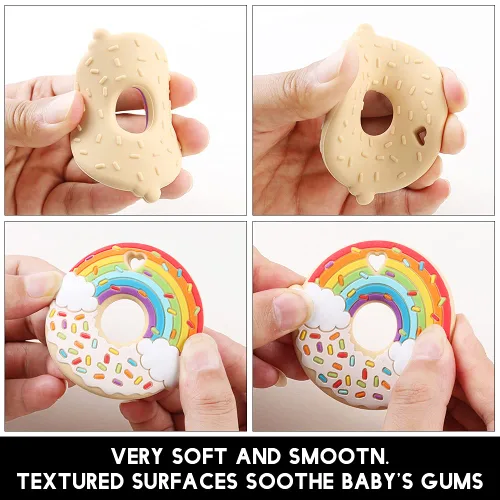 Vista 3 de Rainbow Donut - Mordedor sensorial masticable para niños y niñas, juguete de dentición masticable de silicona de grado alimenticio para niños