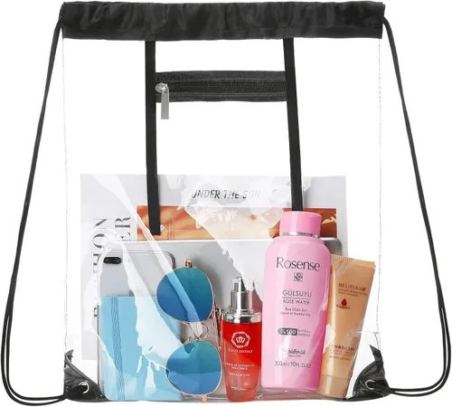 Vista 7 de NATURAL STYLE Paquete de 2 bolsas transparentes con cordón aprobadas para estadios, bolsas transparentes de PVC con cordón, mochila transparente