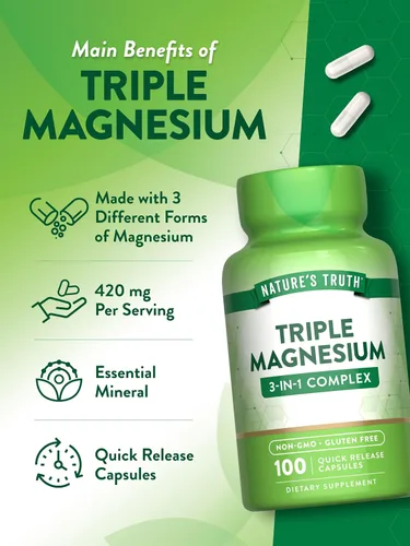 Vista 5 de Complejo triple de magnesio 100 cápsulas de óxido de magnesio, citrato de magnesio, aspartato de magnesio sin OMG, suplemento sin gluten por