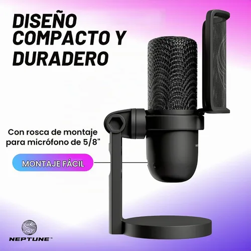 Vista 4 de Neptune Sonus - Micrófono para juegos Micrófono de transmisión con filtro pop para claridad vocal Micrófono de escritorio para transmisión, Negro