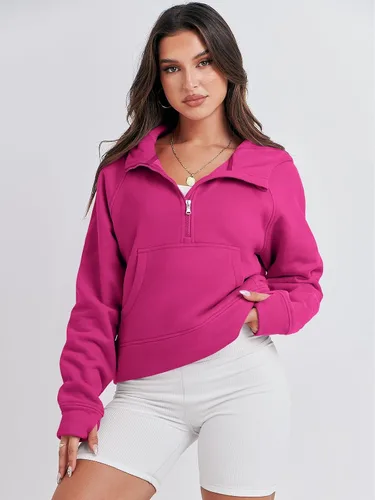Vista 2 de ANRABESS Sudaderas con capucha corta con media cremallera para mujer, sudadera de forro polar con cremallera de un cuarto, ropa de invierno 2023