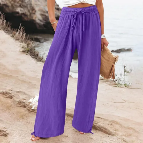Vista 4 de SHAOBGE Pantalones palazzo de verano para mujer, cintura alta, pierna ancha, casual, cintura elástica, pantalones de playa con bolsillos