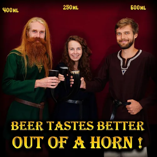 Vista 3 de Mythrojan Cuerno vikingo para beber 100% natural, auténtico, decoración de latón, cuerno nórdico con funda de cuero negro, bolsa de lona para vino