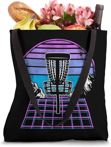 Vista 4 de Disc Golf Basket 90s Synthwave Sunset Retrowave Frisbee Golf Tote Bag