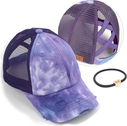 Vista 55 de C.C Gorra de béisbol de malla con diseño de estrella brillante, gorra de camionero ajustable para moño o cola de caballo Una banda elástica-negro