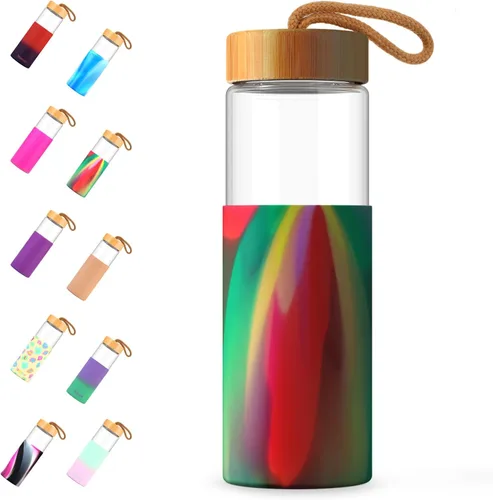 Vista 11 de Tronco Botellas de agua de vidrio de 20 onzas con tapas, botellas de vidrio de borosilicato reutilizables con tapa de bambú y funda de silicona