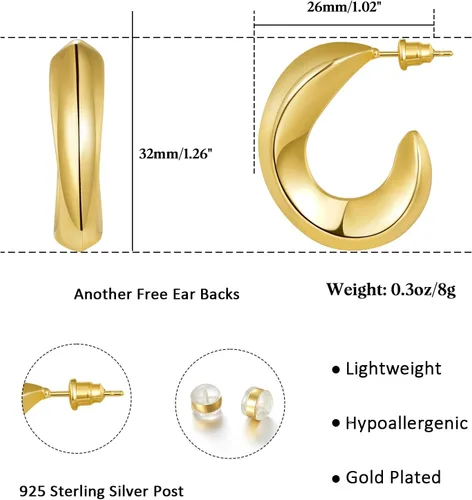 Vista 6 de KissYan Aretes de aro de oro para mujer, chapados en oro de 14 quilates, aros de tubo abierto, gruesos, ligeros, irregulares, regalos de joyería