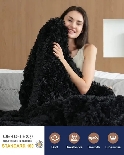 Vista 3 de Pawque Manta de piel sintética de 50 x 60 pulgadas, manta suave y esponjosa, cálida y gruesa, de pelo largo, reversible, ligera, acogedora para Negro