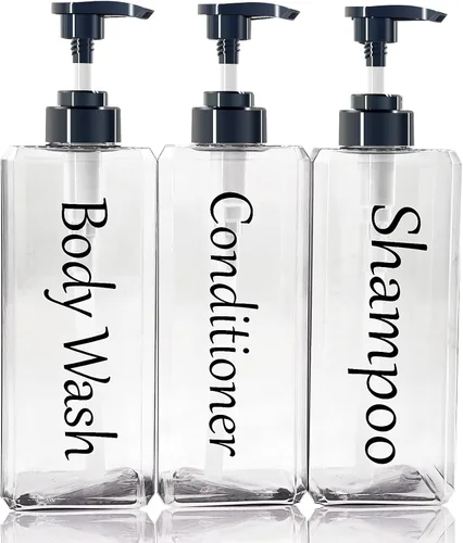 Vista 9 de Dispensador de champú y acondicionador (transparente, juego de 3, 27 onzas) - Botellas de champú y acondicionador recargables y vacías, juego