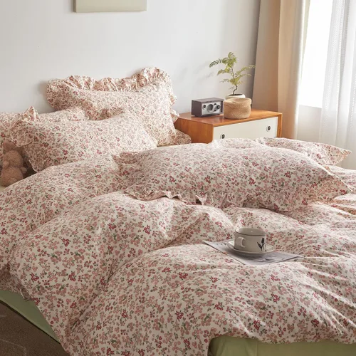 Vista 5 de HighBuy Juego de funda de edredón floral rosa, tamaño individual, de algodón, coqueta, de princesa, con volantes, con 2 fundas de almohada de encaje