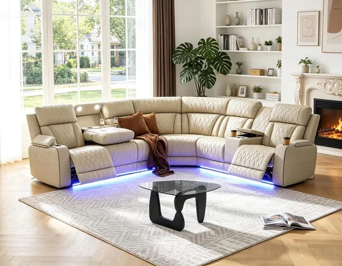 Vista 30 de Juego de sofá modular reclinable eléctrico para sala de estar, juego de sofá reclinable de cuero con luces LED / almacenamiento oculto, sofá