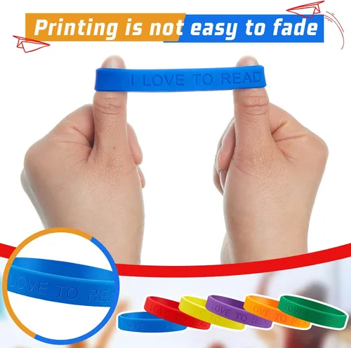 Vista 5 de Jutom 60 pulseras de silicona con texto en inglés "I Love to Read", coloridas pulseras motivacionales para niños, premios de lectura en el aula