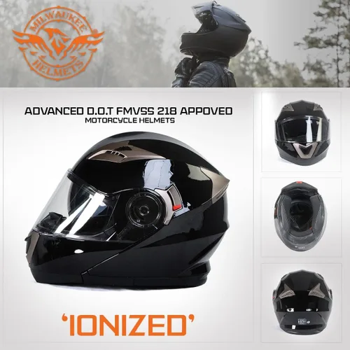 Vista 7 de Milwaukee Helmets MPH9806DOT Ionized Gloss Black Advanced Motorcycle Modular Helmet Biker w/ Drop Down Visor