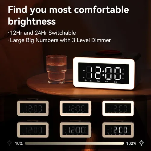 Vista 5 de Reloj despertador de madera con altavoz Bluetooth con carga inalámbrica, atenuador de brillo ajustable 0-100%, 2 alarmas, repetición de 9 minutos