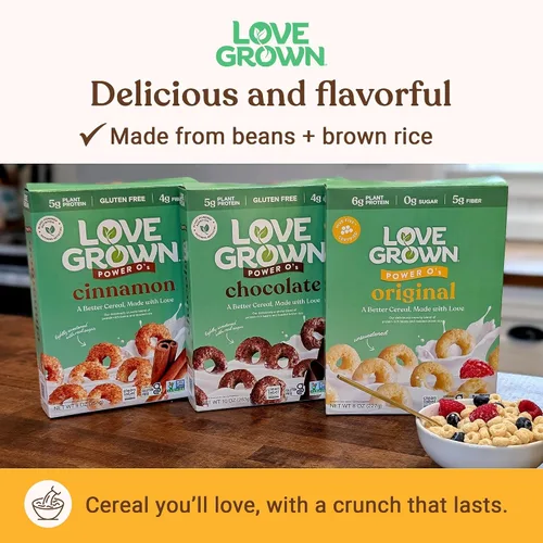 Vista 3 de Love Grown Power O's - Cereal de chocolate sin gluten con alto contenido de proteínas, vegano, certificado sin OMG, bajo en azúcar, alto en fibra