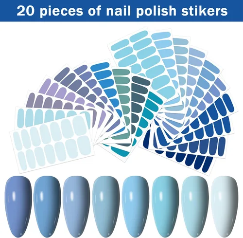 Vista 2 de 20 hojas de 280 piezas de tiras de esmalte de uñas azules para mujeres y niñas, calcomanías de uñas completas, calcomanías de esmalte de uñas