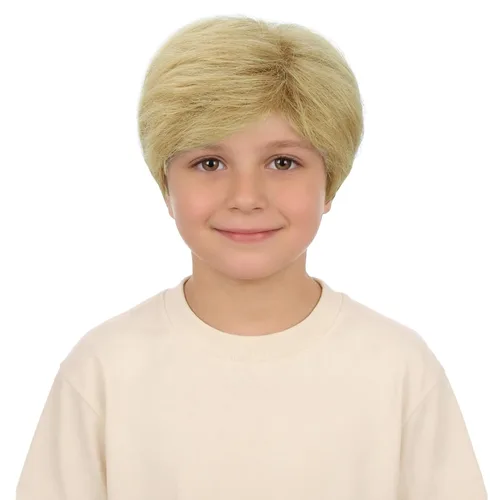Vista 10 de Peluca marrón para niños, peluca corta recta marrón oscuro para niños, resistente al calor, pelo sintético con gorra