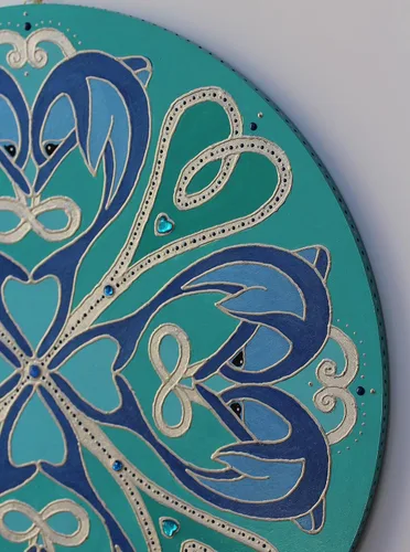 Vista 5 de Turquoise Teal Blue Dolfin Mandala Wall Hanging, Original Round Art Painting with Dolphins, Hand Painted Coastal Home Decor with Ocean Vibes