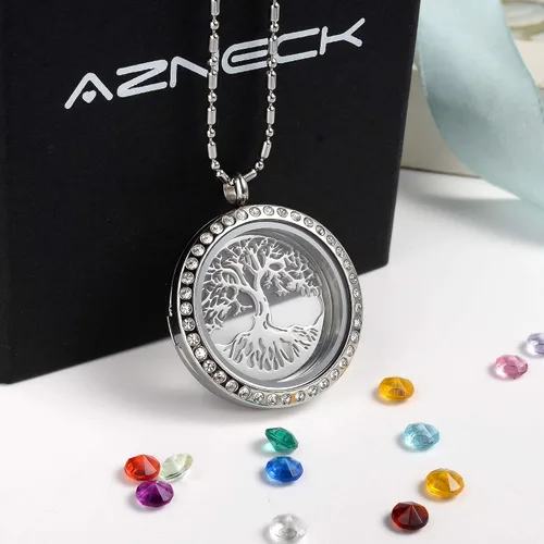 Vista 7 de AZNECK Collar con medallón flotante del árbol de la vida para mujer con piedras natales con colgante de recuerdo de vida, joyería de acero