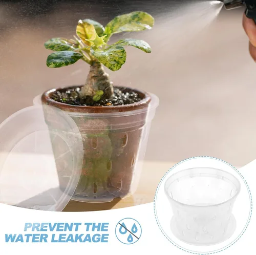 Vista 9 de 2 Sets Plastic Orchid Pots with Tray, Breathable Root Control Drainage-friendly Design, Humid Warm Microclimate Support, for Flowers and Crops