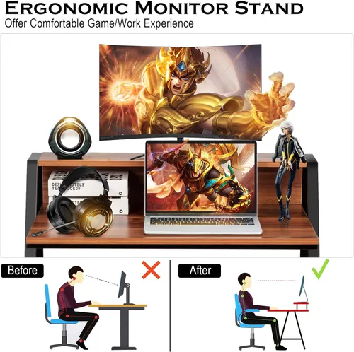 Vista 6 de Tangkula Escritorio pequeño para computadora, escritorio compacto para oficina en casa con marco resistente, mesa de estudio de 2 niveles