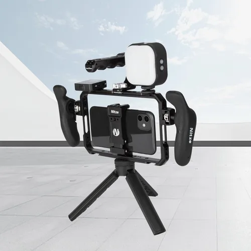 Vista 8 de Nitze - Soporte universal para teléfono inteligente T-MP01B Ergonomic Side Handles, Adjustable Cellphone Clamp, 5 Built-in Cold Shoes, For Vlogger