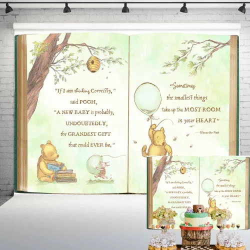 Vista 5 de Fondo vintage Pooh Bear Baby Shower Género Neutral Retro Libro Gigante Árbol Primavera Fondo Clásico Recién Nacido Cita Globo Verde Banner 5x3 ft 144