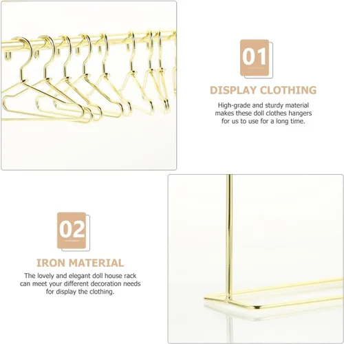 Vista 4 de TOYANDONA Mini perchero de ropa para muñecas con juego de perchas – Mini perchero dorado de 10 piezas de metal en miniatura para almacenamiento