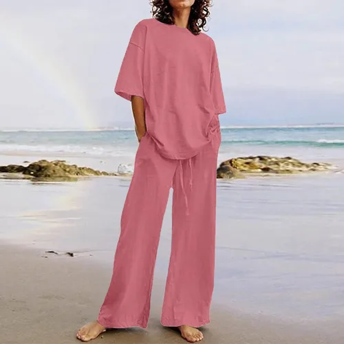 Vista 26 de Conjuntos de verano de 2 piezas para mujer, conjuntos elegantes y casuales de color liso, para verano, otoño, cuello redondo, tops y pantalones
