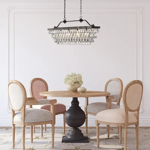 Vista 2 de Edvivi Candelabro de cristal lineal rectangular de lujo, 4 luces glamorosas con acabado de bronce antiguo, lámpara de techo ajustable, comedor, isla