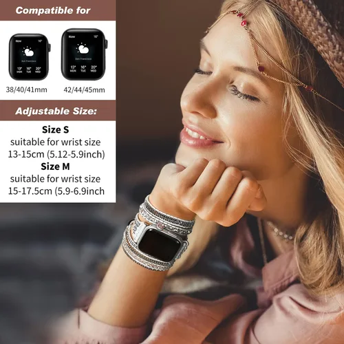 Vista 3 de Pulsera bohemia de 5 envolturas compatible con Apple Watch Band con cuentas para mujeres y hombres, 1.496 pulgadas/1.575 pulgadas/1.614 pulgadas