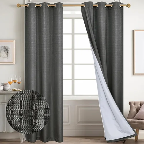 Vista 30 de Diraysid Cortinas 100% opacas de lino beige para dormitorio, con ojales, aislamiento térmico, cortinas de oscurecimiento de habitación